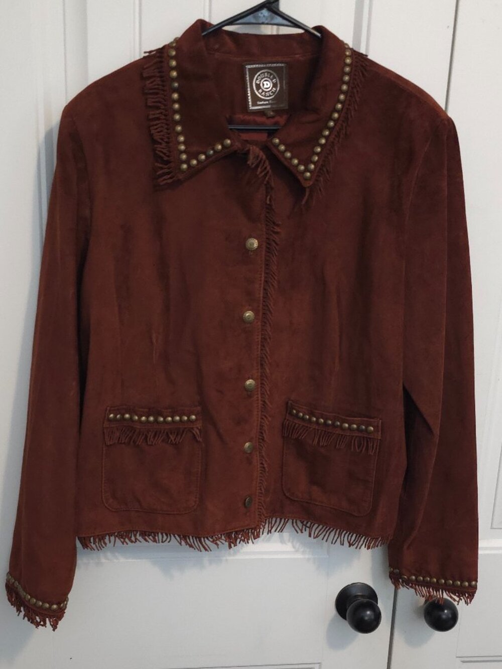Double D Ranch Burgandy Brown Fringe Suede Leather Jacket - Woman's Size L